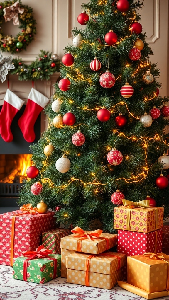 A decorated Christmas tree with gifts and a cozy fireplace in a festive setting.